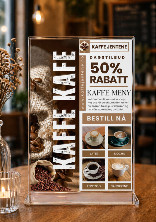 Kafémeny i akrylramme på trebord – design med teksten Kaffe Jentene, dagstilbud 50% rabatt, kaffe meny og Bestill nå, med bilder av latte, mocha, espresso og cappuccino i beige og brun fargepalett
