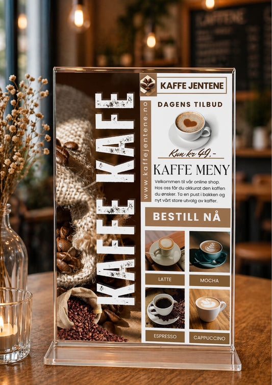 Kafémeny i akrylramme på trebord – design med teksten Kaffe Jentene, med kaffe meny og Bestill nå, med bilder av latte, mocha, espresso og cappuccino i beige og brun fargepalett