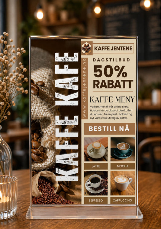 Kafémeny i ramme på trebord – design med teksten Kaffe Jentene, dagstilbud 50% rabatt, kaffe meny og Bestill nå, med bilder av latte, mocha, espresso og cappuccino i beige og brun fargepalett 