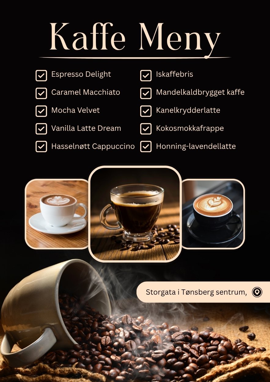 Kaffe meny med kaffedrikker – digital prisliste for kafé – KISS DEKOR