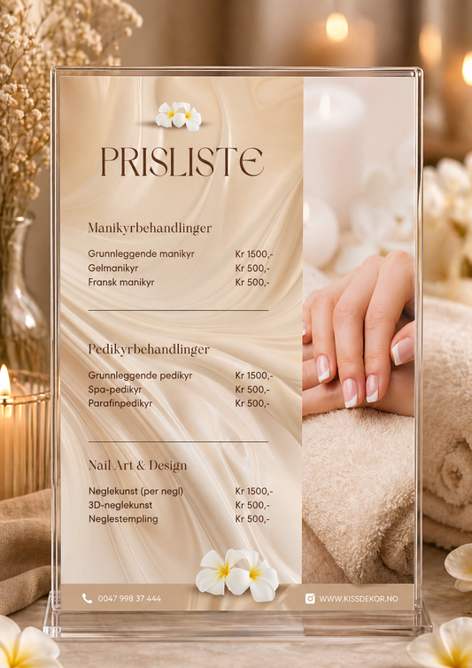 Prisliste for neglsalong i akrylramme med plumeriablomster og stearinlys – design med manikyrbehandlinger: Grunnleggende manikyr kr 1500, Gelmanikyr kr 500 og Fransk manikyr kr 500, pedikyrbehandlinger: Grunnleggende pedikyr kr 1500, Spa-pedikyr kr 500 og Parafinpedikyr kr 500, og Nail Art og Design: Neglekunst kr 1500, 3D-neglekunst kr 500 og Neglestempling kr 500, med bilde av french manikyr og kontaktinfo kissdekor.no, i beige og hvit fargepalett 
