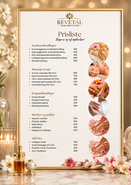 Prisliste for spa og velvære i gullramme med priser på hvit bakgrunn med 6 forskjellige spa og behandlings bilder