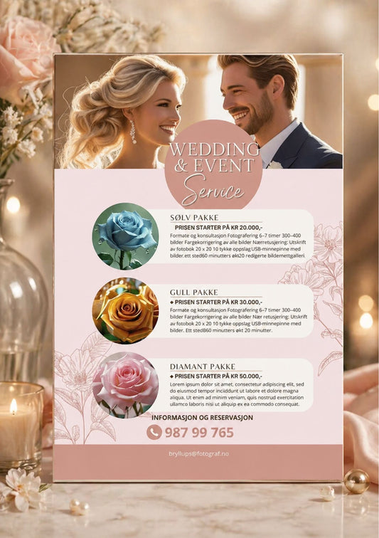 Prisliste for bryllupsfotograf i akrylramme med roser og stearinlys – design med bryllupsbilde av brudepar, tre pakker med priser og runde bilder av blomster og brudepar, i rosa og beige fargepalett