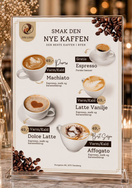 Kafémeny i akrylramme på marmorbord – design med teksten Smak den nye kaffen, den beste kaffen i byen, med fem kaffebilder: gratis espresso, macchiato, latte vanilje, dolce latte og affogato til kr 49, i hvit og brun fargepalett