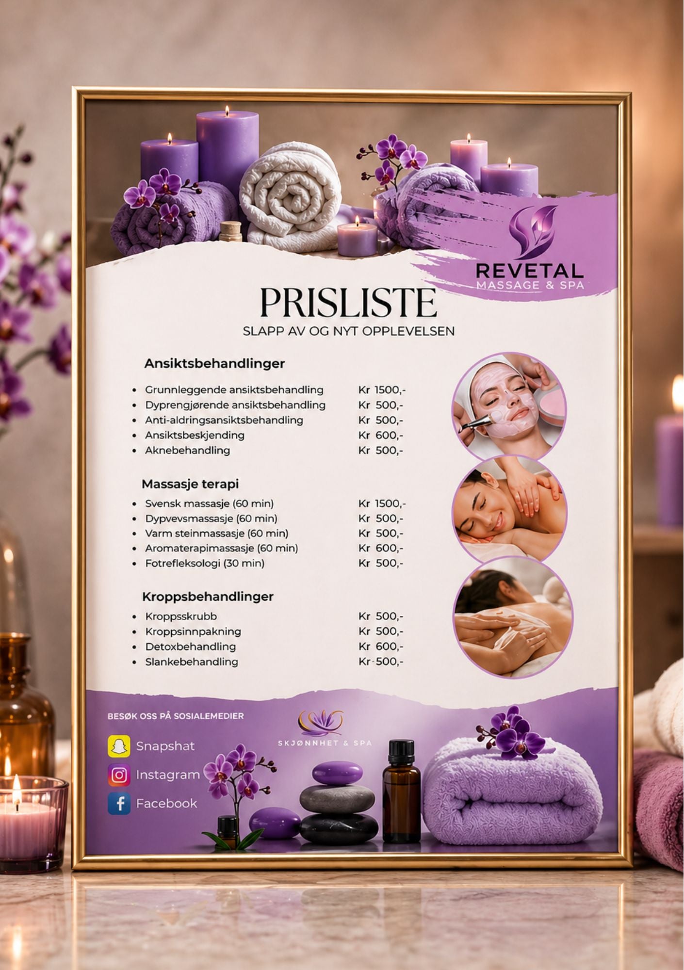Prisliste for spa og velvære i gullramme med priser på hvit og lilla bakgrunn med 3 forskjellige spa og behandlings bilder