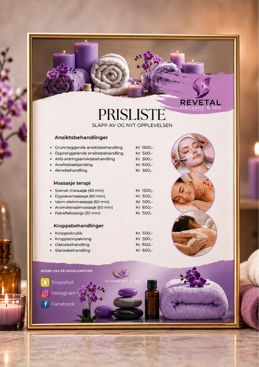 Prisliste for spa og velvære i gullramme med priser på hvit og lilla bakgrunn med 3 forskjellige spa og behandlings bilder