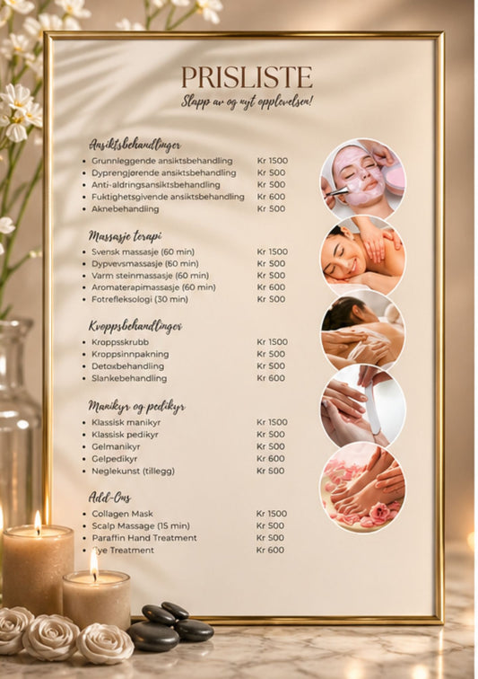 Prisliste for spa og velvære i gullramme med priser på beige bakgrunn med 5 forskjellige spa og behandlings bilder