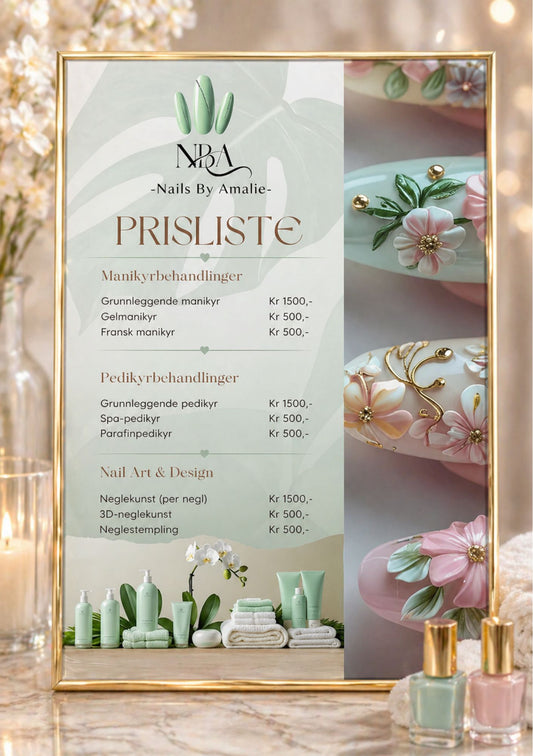 Prisliste for spa og velvære i gullramme med priser på grønn bakgrunn med 2 forskjellige spa og nneglebehandlinger