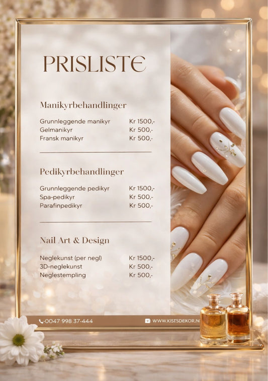 Prisliste for neglsalong i akrylramme med rosa blomster og stearinlys – priser for manikyrbehandlinger, pedikyrbehandlinger 