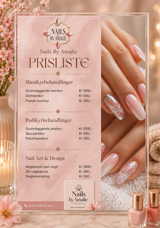 Prisliste for neglsalong i akrylramme med rosa blomster og stearinlys – design for Nails by Amalie med kalligrafisk logo, priser for manikyrbehandlinger, pedikyrbehandlinger og Nail Art og Design rosa fargepalett