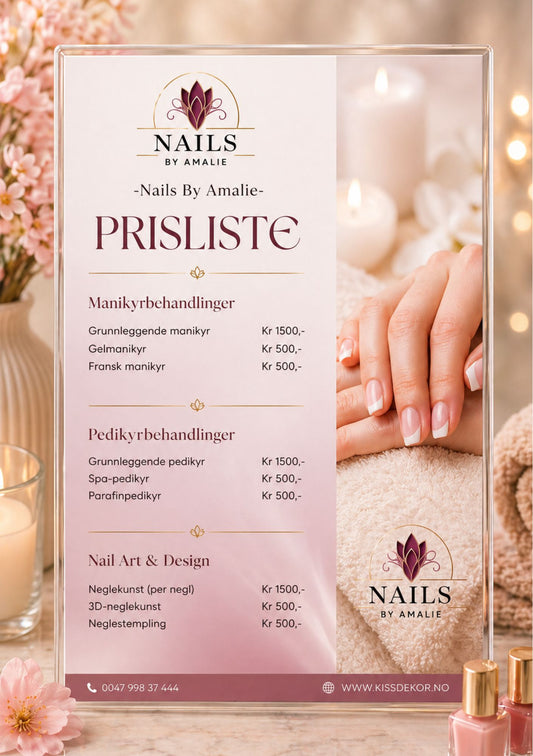 Prisliste for neglsalong i akryl ramme på marmorbord med blomster og parfyme – design for KISS DEKOR med priser for manikyrbehandlinger, pedikyrbehandlinger og Nail Art og Design fra kr 500 til kr 1500, med bilde av french manikyr i rosa fargepalett 