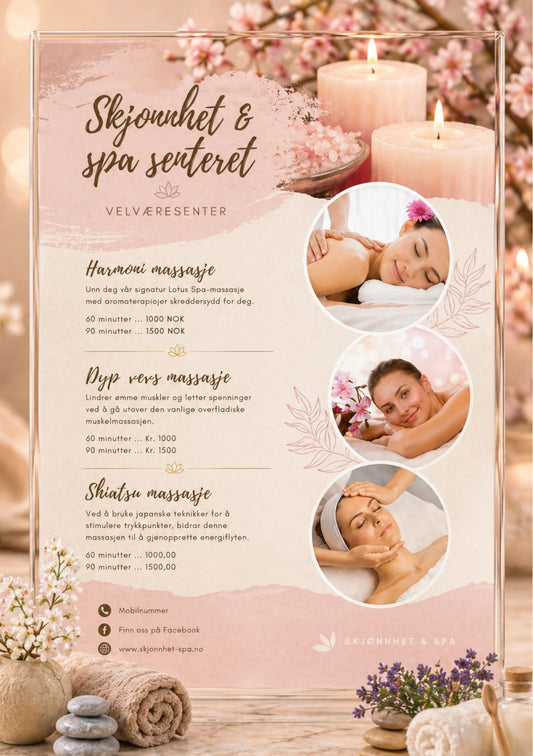 Prisliste for spa og velvære i akrylramme med rosa blomster og stearinlys – design for Skjønnhet og spa senteret med tre massasjebehandlinger: Harmoni massasje, Dyp vevs massasje og Shiatsu massasje fra kr 1000 til kr 1500, med tre runde bilder av kvinner som får massasje, i rosa og beige fargepalett 