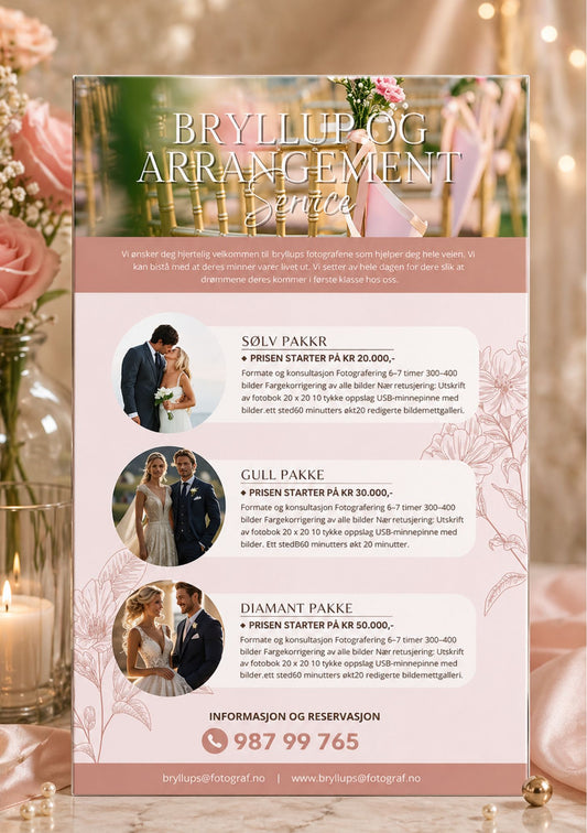 Prisliste for bryllupsfotograf i akrylramme med roser og stearinlys – design med bryllupsbilde av brudepar, tre pakker med priser og runde bilder av brudepar og blomster, i rosa og beige fargepalett