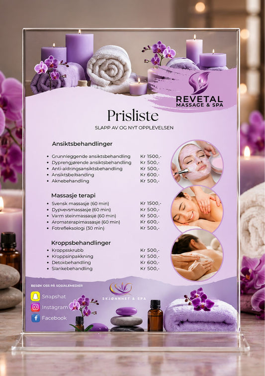 Prisliste for spa og velvære i akrylramme med lilla blomster og massasjeprodukter – design for Eleva med ansiktsbehandlinger og massasjebehandlinger med priser, i lilla og hvit fargepalett 