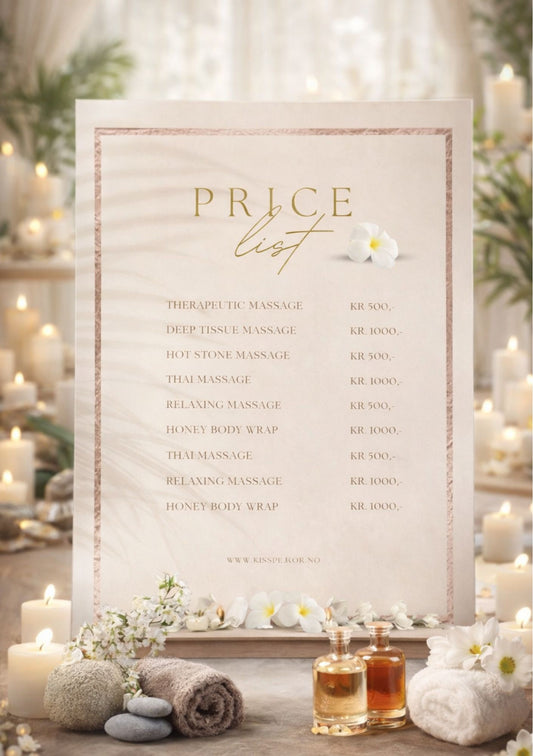 Prisliste i elegant ramme på trebord med stearinlys og parfyme – design med kalligrafisk tekst Prisliste og tjenester med priser, i beige og gull fargepalett
