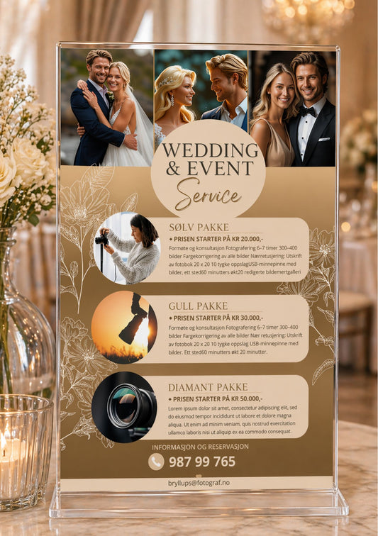 Prisliste i akrylramme på festdekorert bord – design for Wedding & Event Service med tre pakker: Sølv pakke fra kr 20 000, Gull pakke fra kr 30 000 og Diamant pakke fra kr 50 000, i gull og beige fargepalett