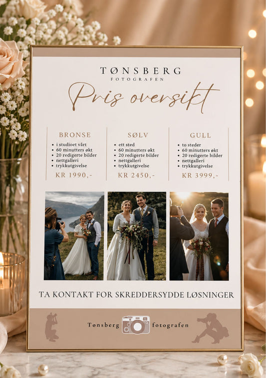 Prisoversikt for bryllupsfotograf i gullramme – design for Tønsberg Bryllupsfoto med tre bryllupsbilder av brudepar og pakkepriser, i beige og brun fargepalett