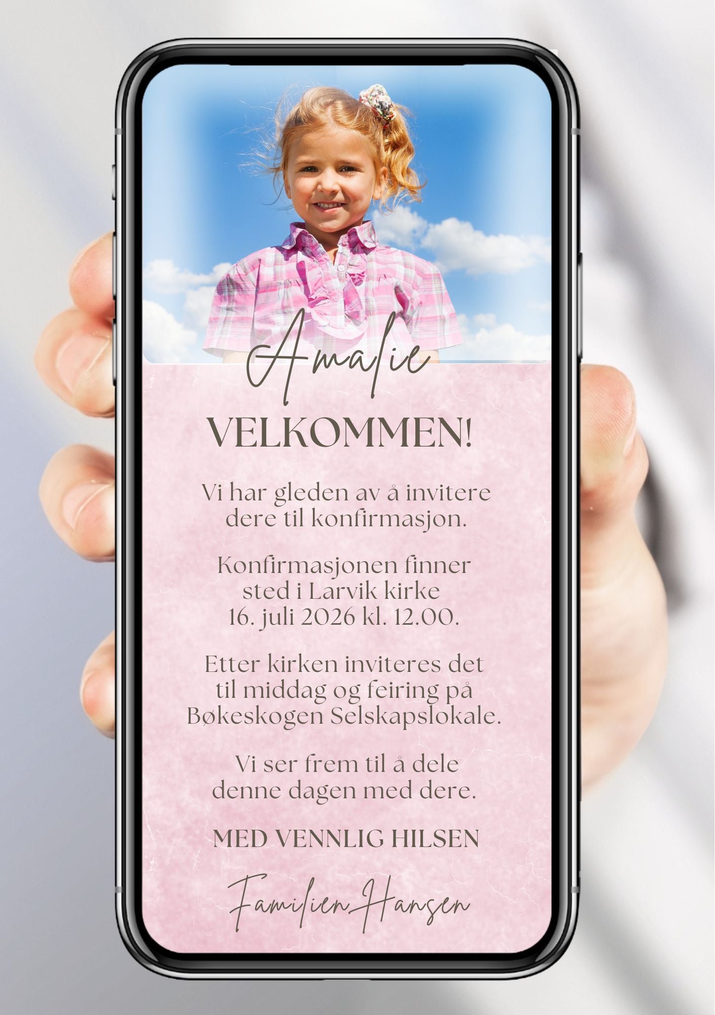 Konfirmasjonsinvitasjon rosa moderne med bilde personlig design med ferdig tekstforslag - KISS DEKOR
