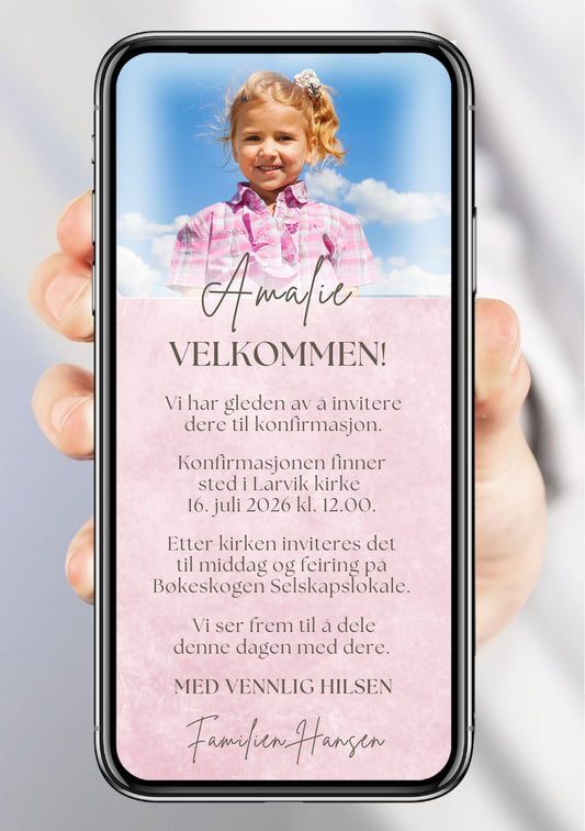 Konfirmasjonsinvitasjon rosa moderne med bilde personlig design med ferdig tekstforslag - KISS DEKOR