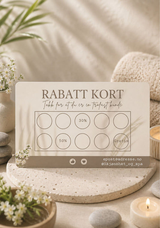 Rabattkort for spa og velvære på steinbrett med blomster og stearinlys – design med teksten Rabatt Kort Takk for at du er en trofast kunde, åtte tomme sirkler med 30% og 50% rabatt, i beige og hvit fargepalett med kontaktinfo