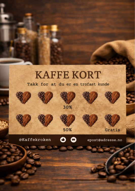 Kaffekort for kafé på trebord med kaffebønner – design for Kaffekroken med teksten Kaffe Kort Takk for at du er en trofast kunde, ti kaffehjerter med 30% og 50% rabatt og gratis tiende kaffe, i beige og brun fargepalett 