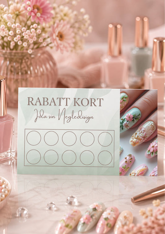 Rabattkort for neglsalong i mintgrønn og rosa – design for Ida sin Negledisign med ti tomme sirkler og bilde av blomsternegler i rosa og mintgrønn fargepalett med rosegull detaljer