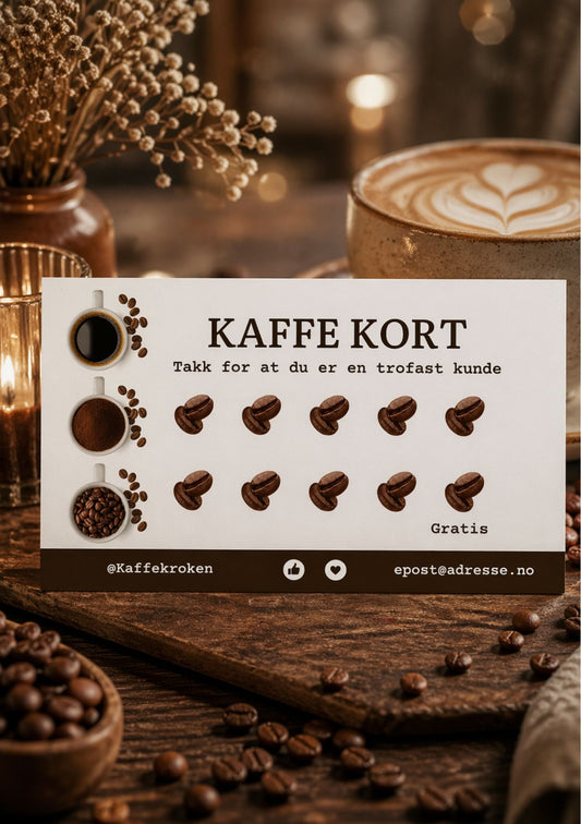 Kaffekort for kafé på trebord – design for Kaffekroken med teksten Kaffe Kort Takk for at du er en trofast kunde, ti kaffebønner og gratis tiende kaffe, i hvit og brun fargepalett med bilder av espresso, kaffe og kaffebønner 