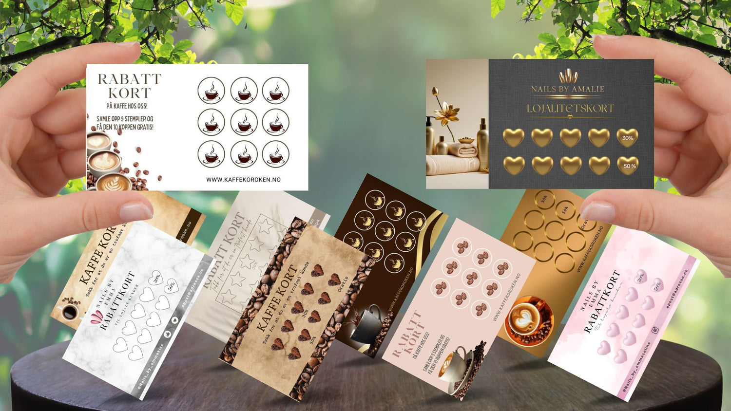Rabattkort og lojalitetskort med stempeldesign - kafferabattkort og behandlingskort for neglesalong med hjerter og logoer