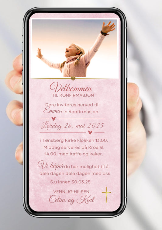 Digital konfirmasjonsinvitasjon med rosa bakgrunn, bilde øverst, gullkors og håndskrevet skrift
