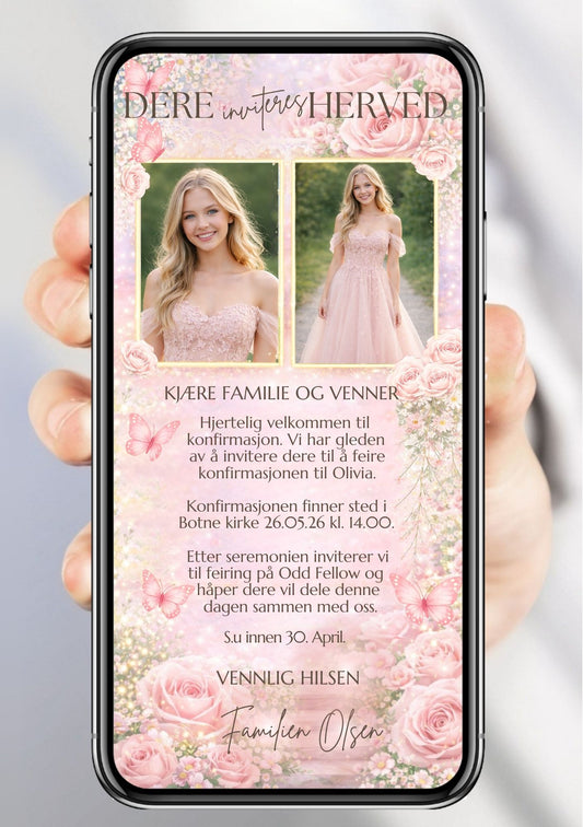 Mobil konfirmasjonsinvitasjon med to bilder av jente i rosa kjole, roser, sommerfugler og elegant skrift – vist på mobilskjerm
