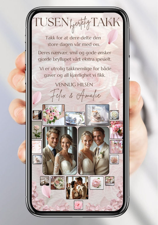 Digitalt takkekort bryllup med bildecollage, rosa roser og håndskrevet skrift på rosa bakgrunn
