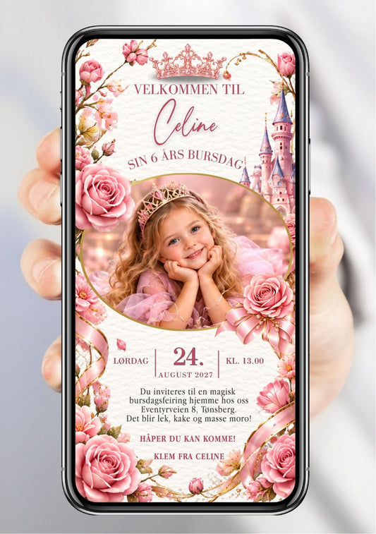 Digital bursdagsinvitasjon med barnefoto av en jente med tiara omgitt av rosa roser og prinsesseslott, med rosa og gullfargede detaljer og bursdagsinformasjon