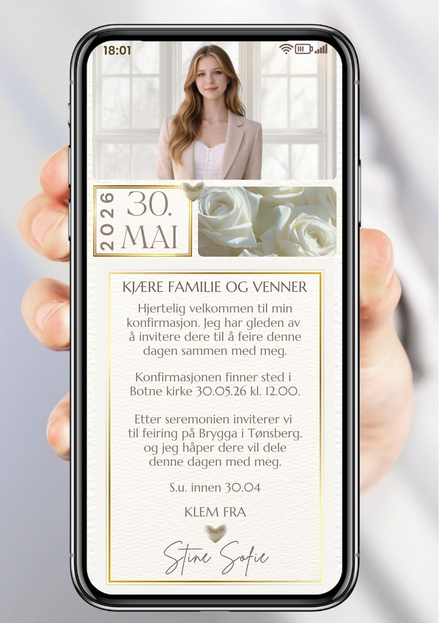 Populær mobil konfirmasjonsinvitasjon i hvit med blomster, gulldetaljer og personlig bilde – vist på mobilskjerm