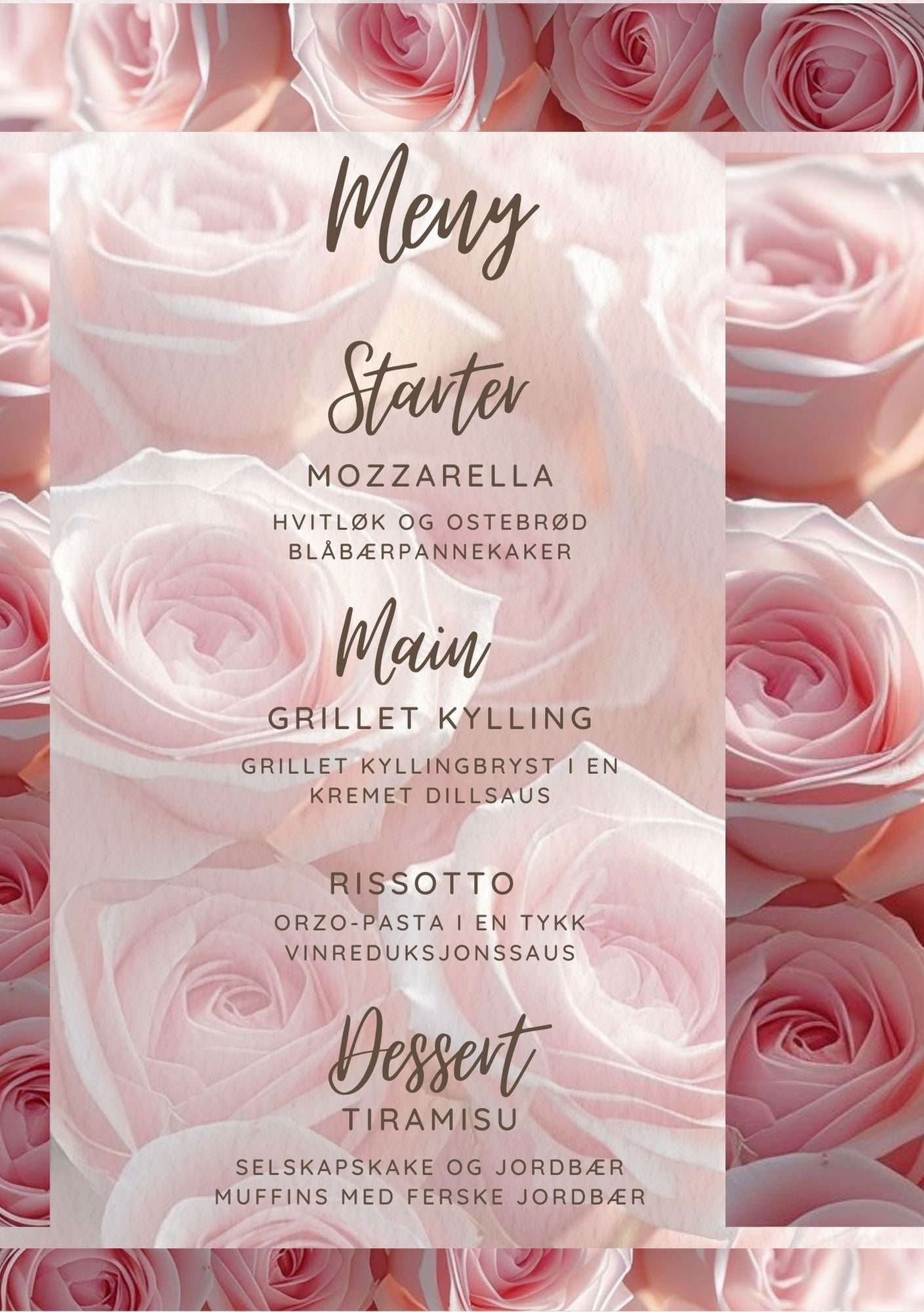 Digital menykort rosa roser med babybilde - skrifttype 2 moderne