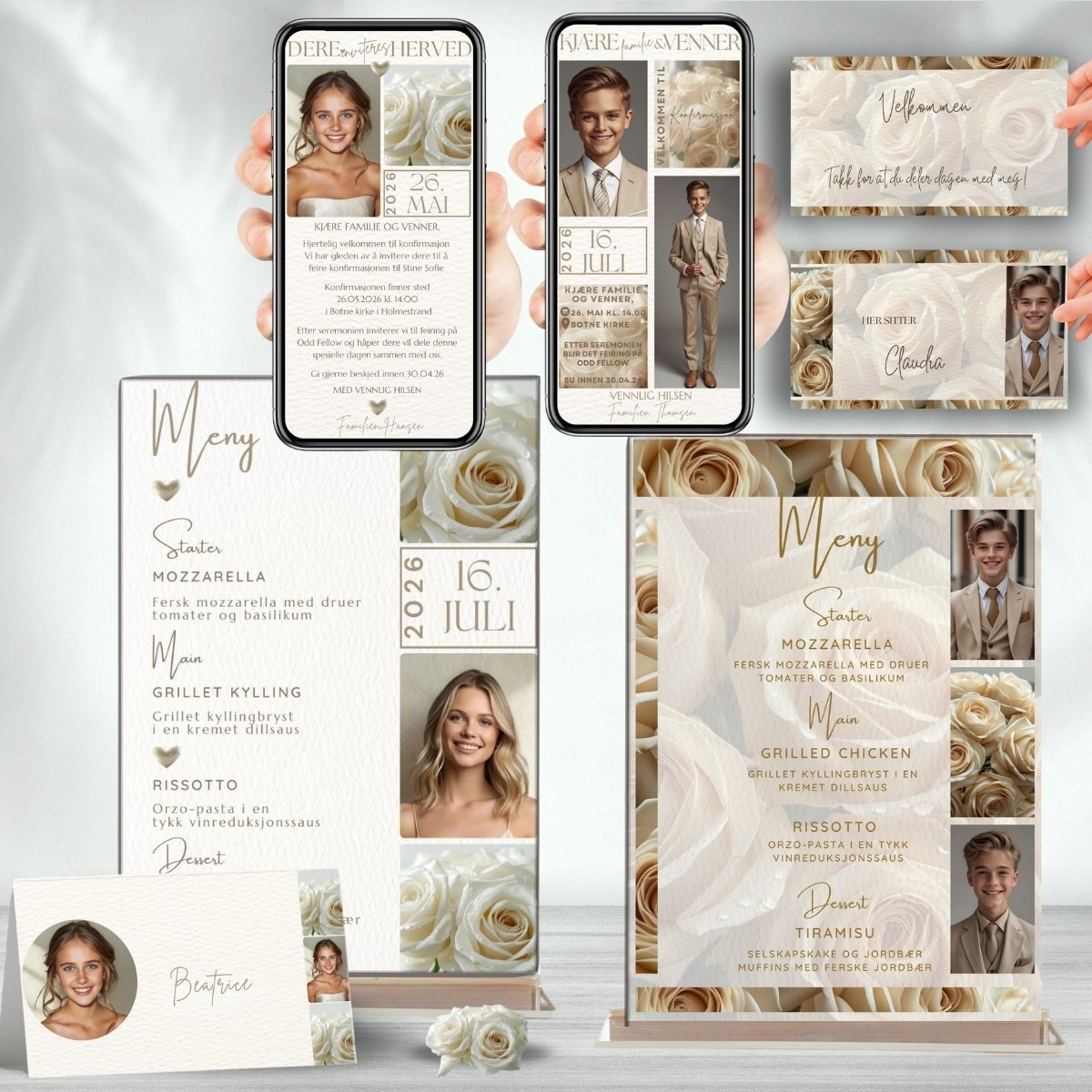 Komplett konfirmasjonspakke med hvite roser - digital invitasjon, meny, bordkort og velkomst med konfirmantbilder på mobil