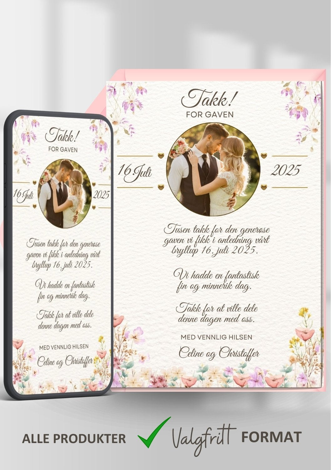 Takkekort bryllup hvit klassisk - personlig design med ferdig tekstforslag - KISS DEKOR