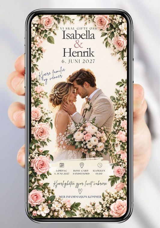 Hånd holder mobiltelefon med Save the Date innrammet av rosa roser og hvite blomster med brudepar som kysser