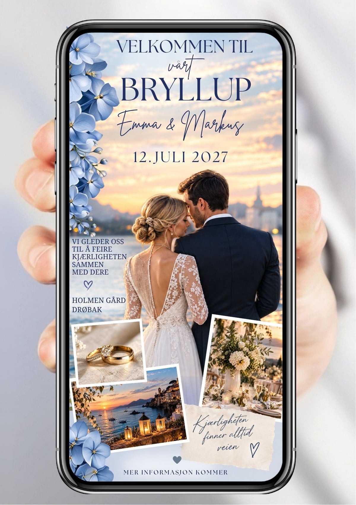 Hånd holder mobiltelefon med Save the Date med brudepar ved solnedgang over hav, blå hortensiaer og polaroidbilder med ringer og blomster