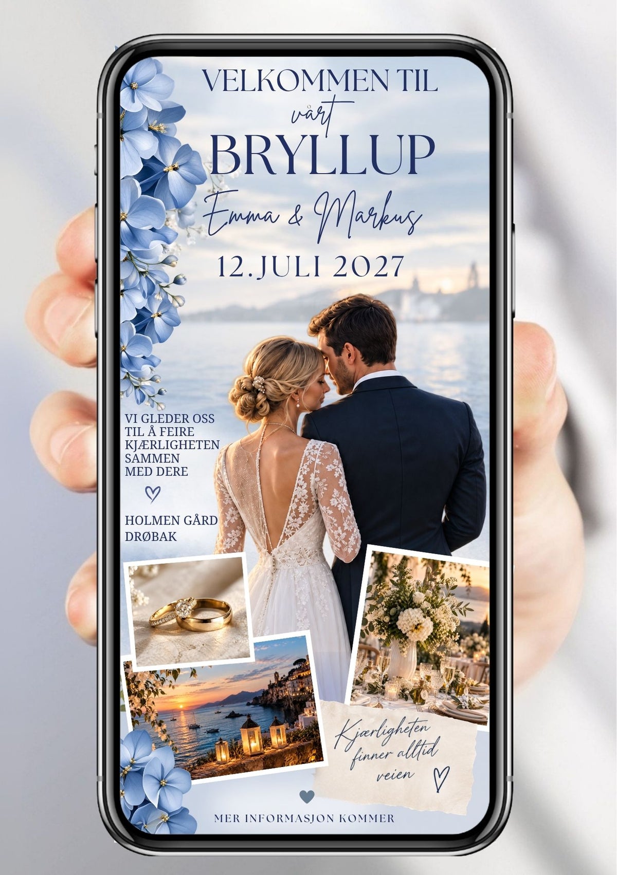 Hånd holder mobiltelefon med Save the Date med brudepar ved havet, blå hortensiaer og polaroidbilder med blomsterdekor