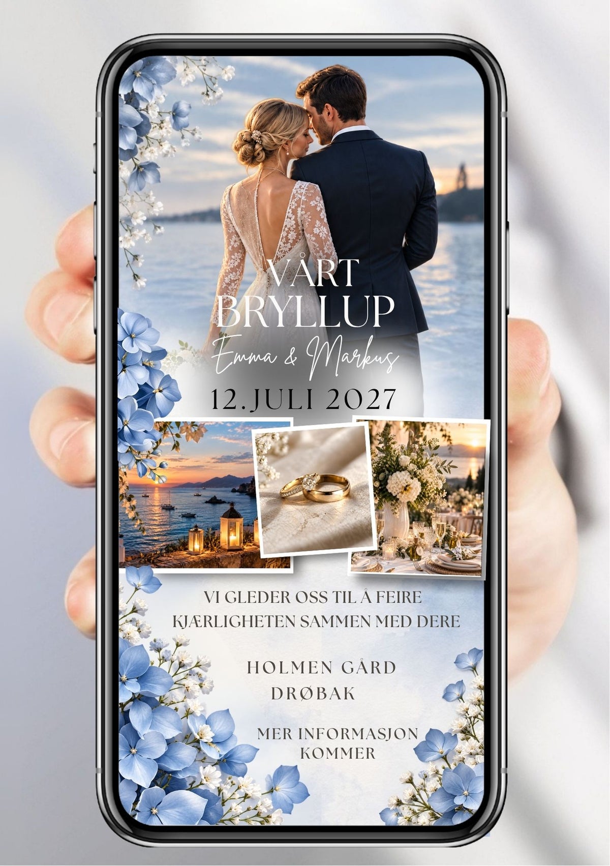Hånd holder mobiltelefon med Save the Date med blå hortensiaer, brudepar ved havet og polaroidbilder av ringer, solnedgang og blomsterdekor
