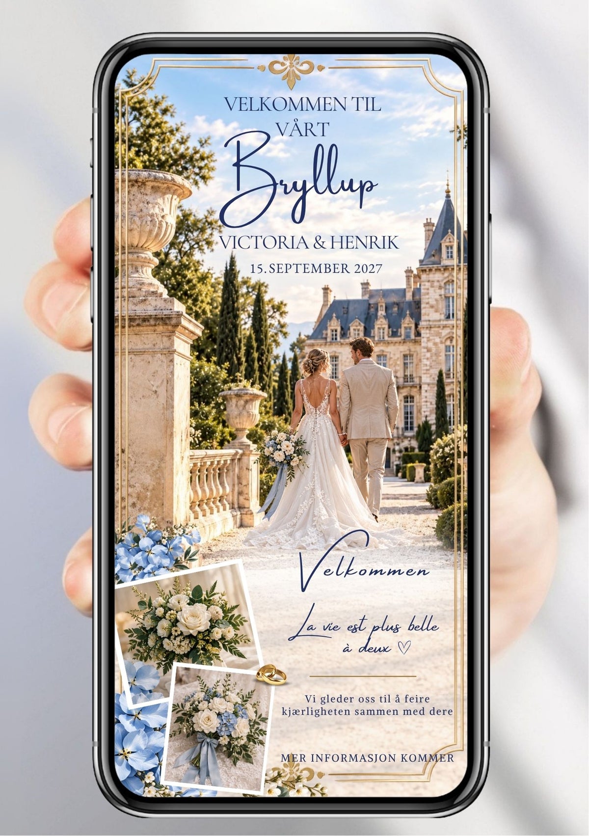 Hånd holder mobiltelefon med Save the Date med brudepar foran fransk slott, blå hortensiaer, hvite roser og polaroidbilder