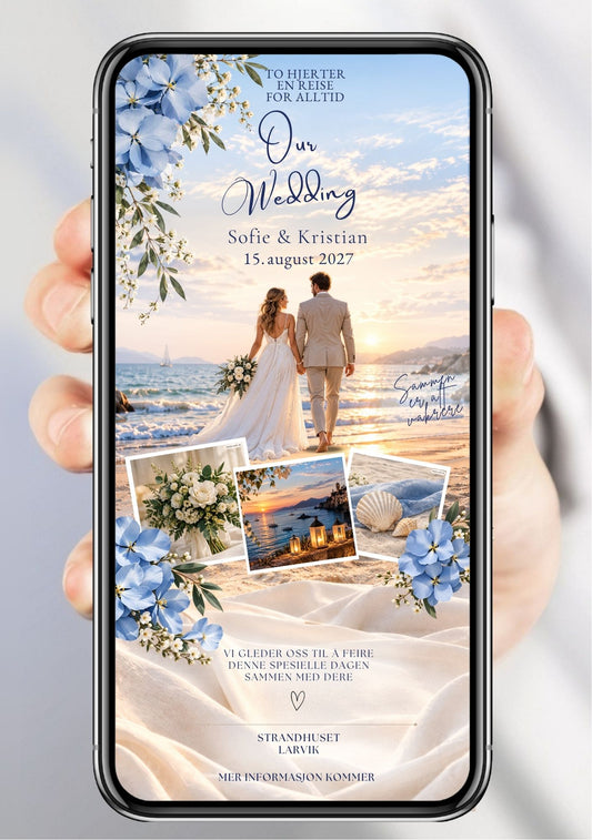 Digital Save the Date vist på mobilskjerm med brudepar på strand ved solnedgang, blå hortensiaer, skjell og polaroidbilder