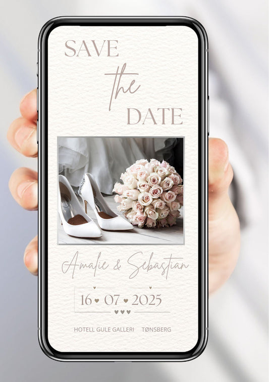 Digital Save the Date med bilde av brud og blomsterbukett – elegant design for mobil