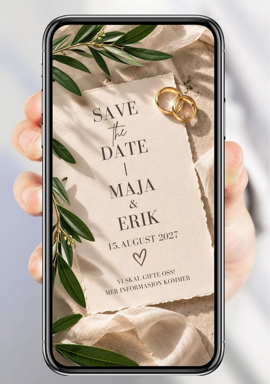 Save the Date med revet beige papirkort, teksten "Save the Date", gullringer, olivengrener rundt kortet, store blokk-navn, bryllupsdato og hjerte på beige bakgrunn