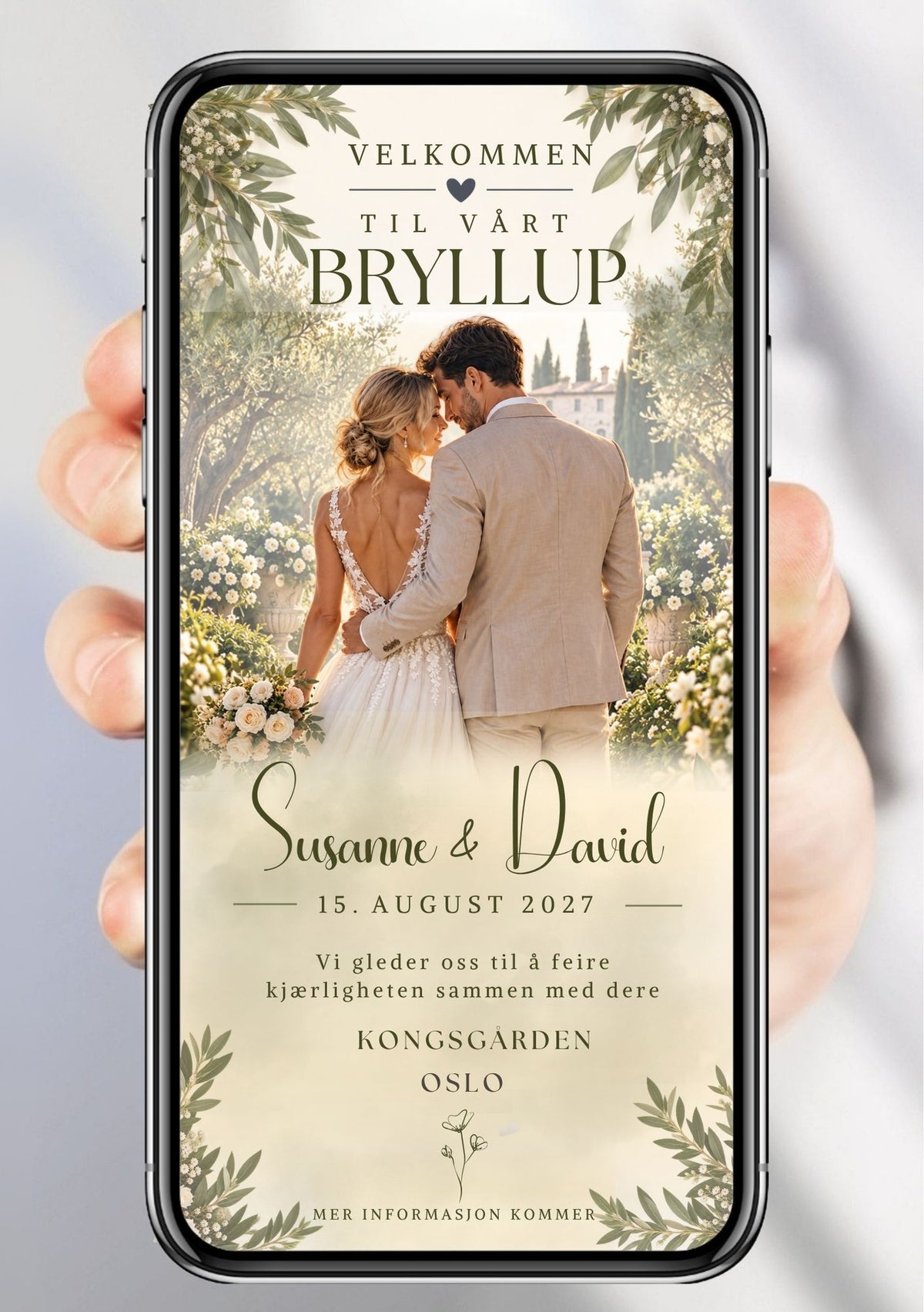 Save the Date med brudepar ansikt til ansikt i olivenhage med hvite blomster, håndskriftnavn, bryllupsdato og sted på ivory/beige bakgrunn