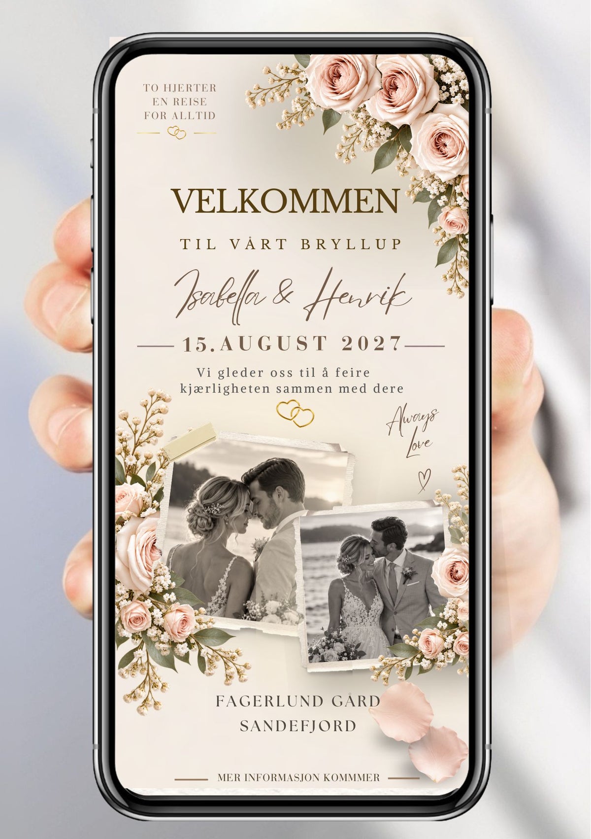 Save the Date med to polaroidbilder av brudepar, rosa roser og gypsophila rundt hele kortet, gullhjerter og teksten "Velkommen til vårt bryllup"