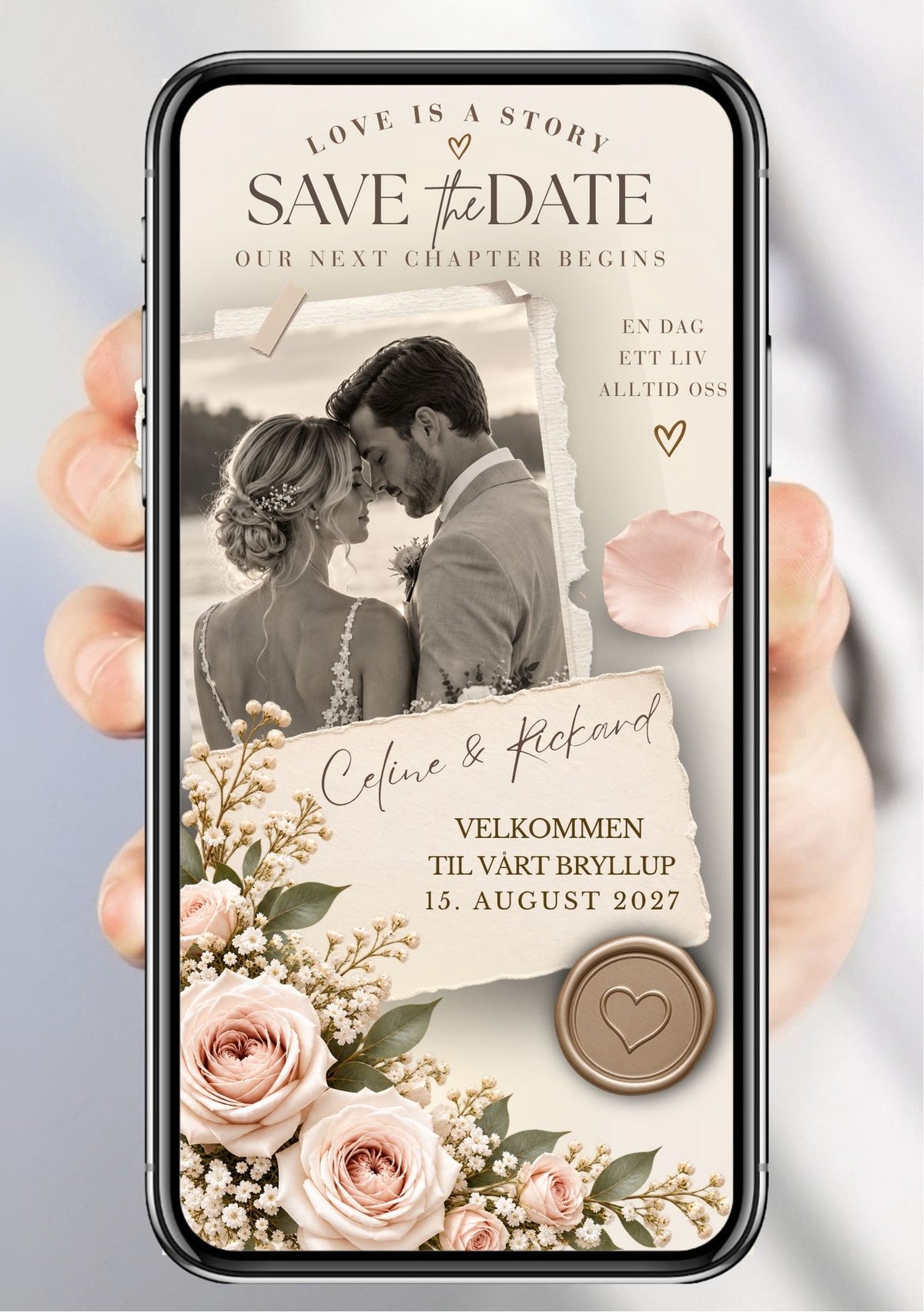 Save the Date med svart-hvitt brudefoto i revet papir-ramme, rosa roser og gypsophila nederst, vokssegl med hjerte og teksten "Love is a Story" på beige bakgrunn