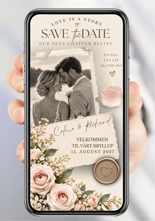 Save the Date med svart-hvitt brudefoto i revet papir-ramme, rosa roser og gypsophila nederst, vokssegl med hjerte og teksten "Love is a Story" på beige bakgrunn