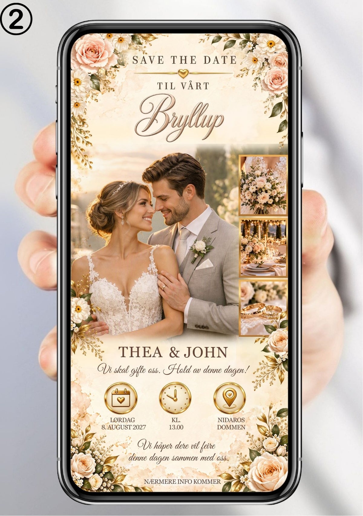 Digital Save the Date vist på mobil med bilde av et brudepar, tre små detaljbilder, rosa og kremfargede roser og gylne ikoner for dato, klokkeslett og sted.