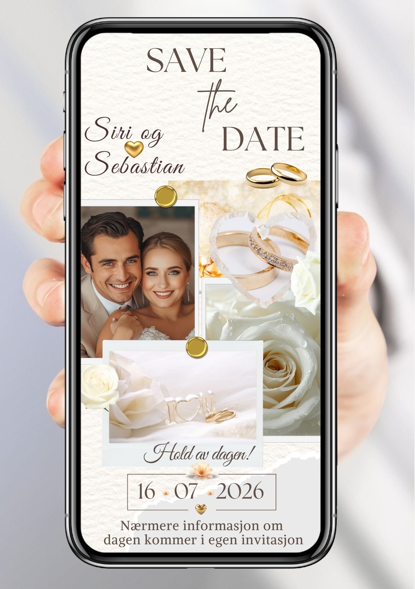 Save the Date mobil collage - personlig og elegant. Ferdig tekstforslag - KISS DEKOR
